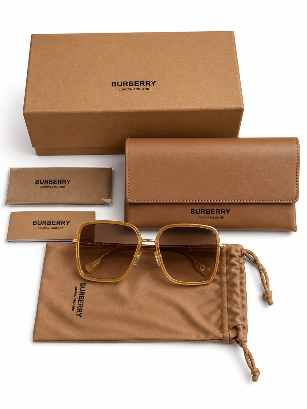 Burberry Amber Tan Square Sunglasses with Matching Tan Accessories